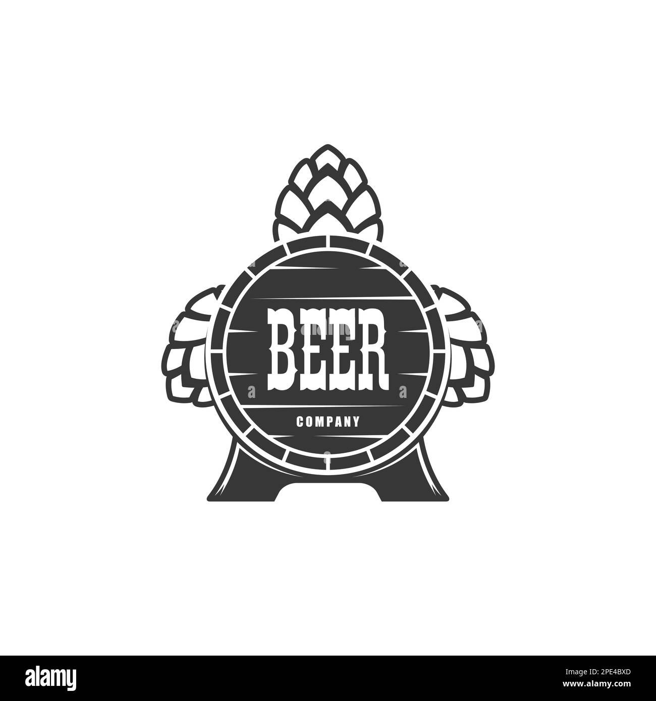 Brasserie de bière icône de canon en bois vectoriel et de houblon. Ancien tonneau en bois, fût en chêne d'époque, fût ou réservoir de boisson alcoolisée. Bière ou bière boisson bois conta Illustration de Vecteur