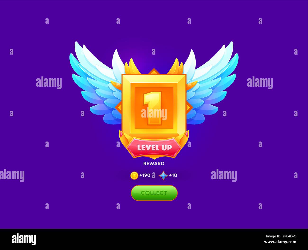 Badge de niveau supérieur, rang de récompense de jeu UI ou récompense de médaille bonus, trophée vectoriel avec ailes. Passez au niveau supérieur le prix d'or dans le jeu vidéo d'arcade pour les meilleurs joueurs de niveau Illustration de Vecteur