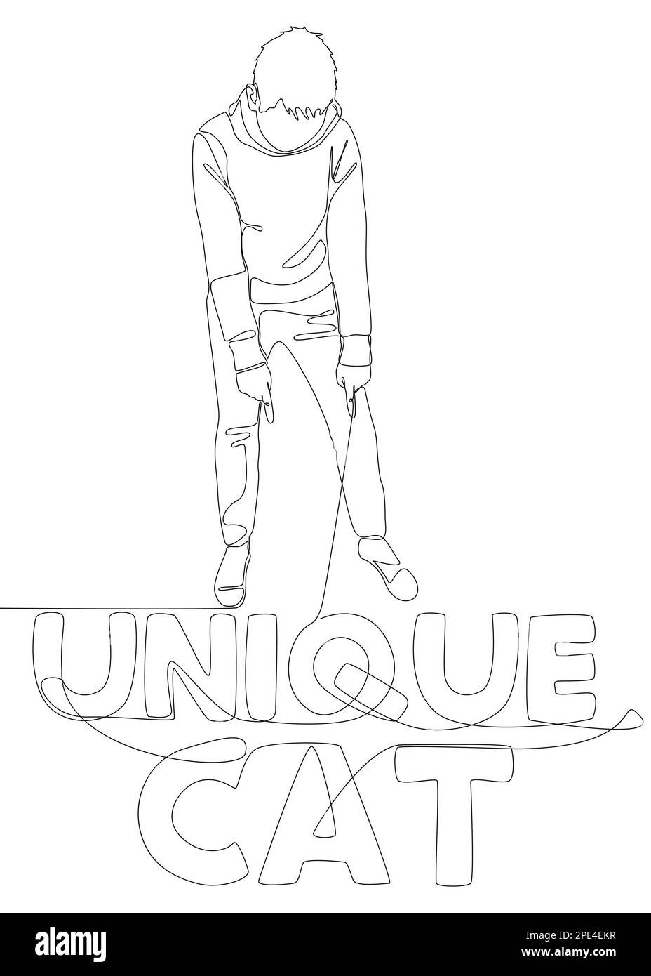 Une ligne continue de l'homme pointant avec le doigt sur le mot unique de chat. Concept de vecteur d'illustration à trait fin. Dessin de contour idées créatives. Illustration de Vecteur