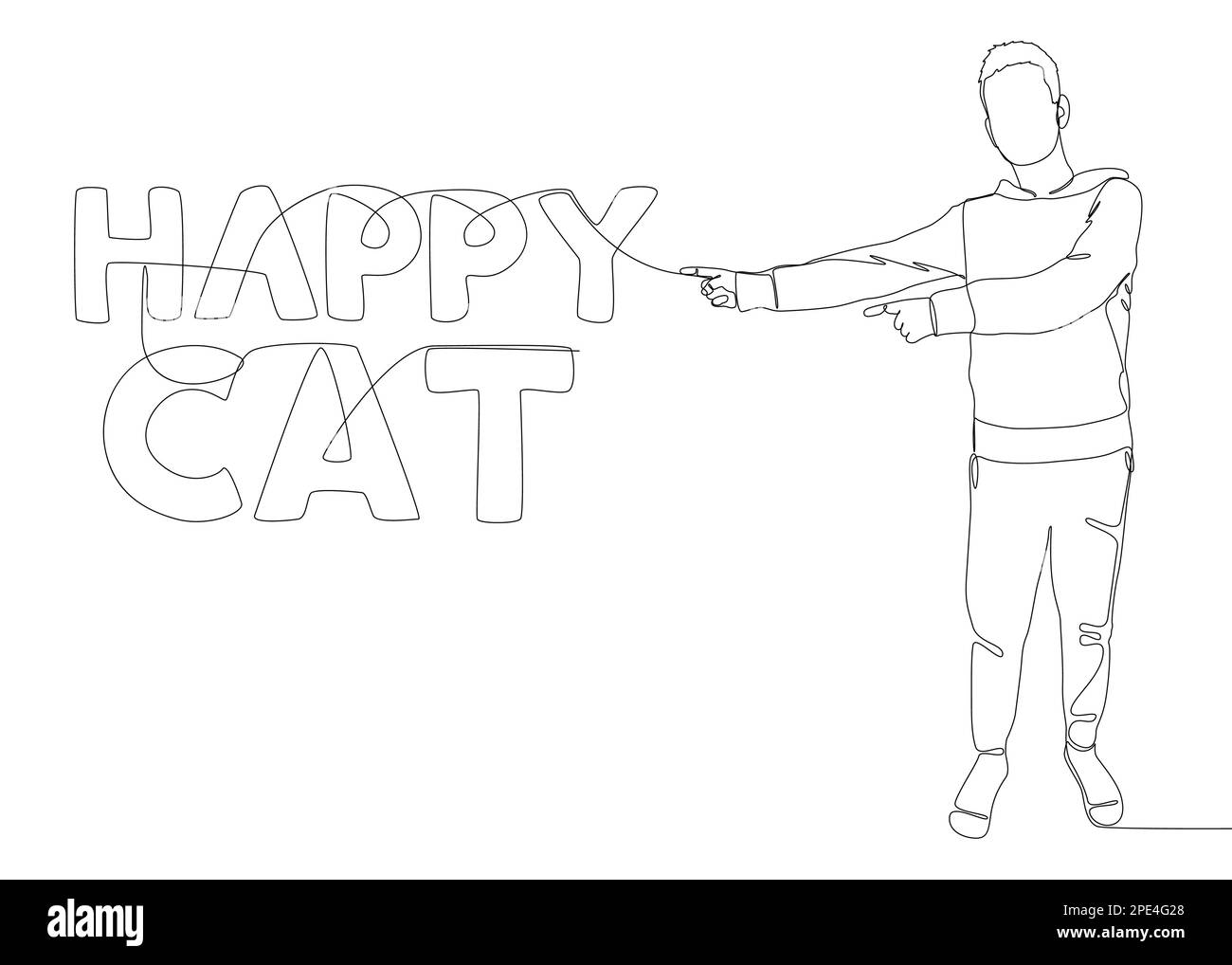 Une ligne continue de l'homme pointant avec le doigt sur le mot Happy Cat. Concept de vecteur d'illustration à trait fin. Dessin de contour idées créatives. Illustration de Vecteur