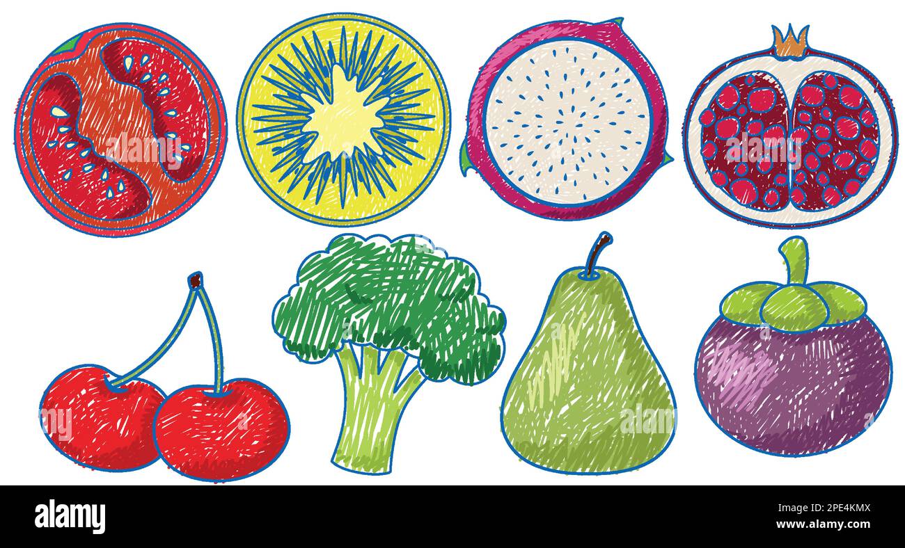 Illustration de style simple pour les fruits et légumes en couleur crayon Illustration de Vecteur