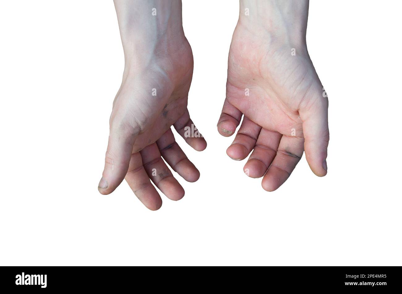 Deux mains vides ouvertes avec les paumes vers le haut. Mains rugueuses mâles. Ouvrez le geste. Isolé sur fond blanc. Banque D'Images