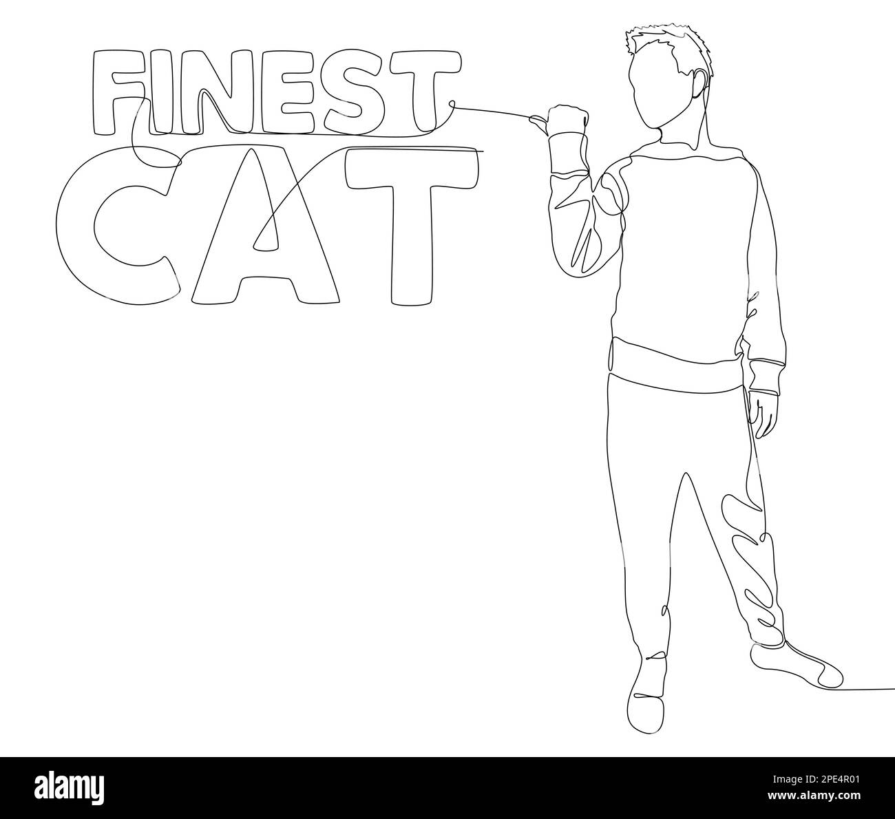 Une ligne continue de l'homme pointant avec le doigt sur le mot Cat le plus fin. Concept de vecteur d'illustration à trait fin. Dessin de contour idées créatives. Illustration de Vecteur
