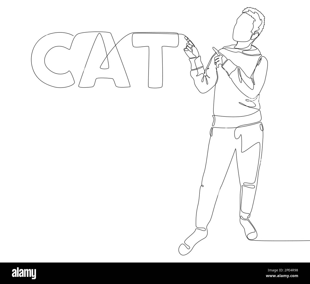 Une ligne continue de l'homme pointant avec le doigt sur le mot Cat. Concept de vecteur d'illustration à trait fin. Dessin de contour idées créatives. Illustration de Vecteur