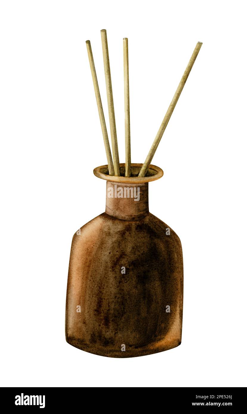 Diffuseur d'air rafraîchisseur d'aquarelle avec bâtonnets d'arôme. Parfum d'intérieur pour la détente. Élément de clipart spa d'aromathérapie isolé sur blanc Banque D'Images