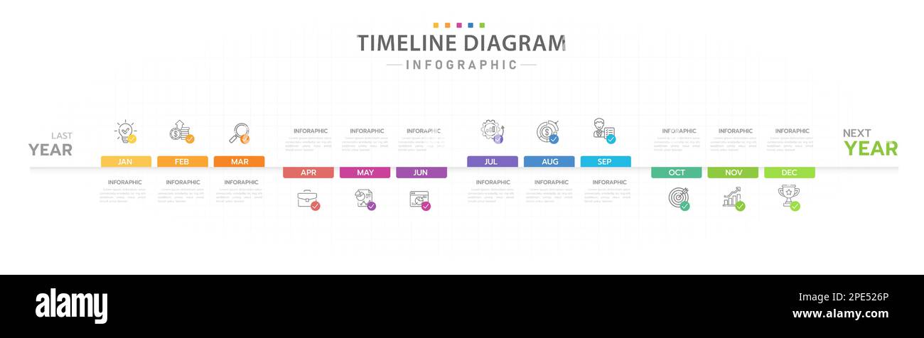 Modèle d'infographie pour les entreprises. Calendrier des diagrammes de la chronologie moderne de 12 mois, infographie des vecteurs de présentation. Illustration de Vecteur