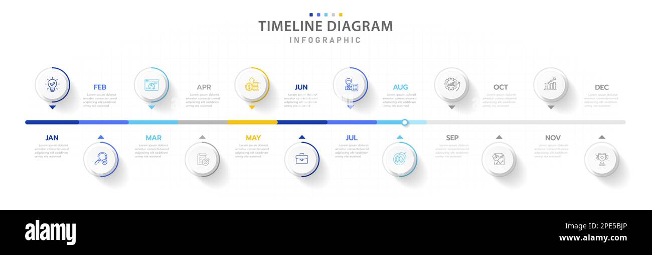 Modèle d'infographie pour les entreprises. Calendrier de diagramme de la Time-Line moderne de 12 mois avec graphique circulaire en pourcentage, infographie de vecteur de présentation. Illustration de Vecteur