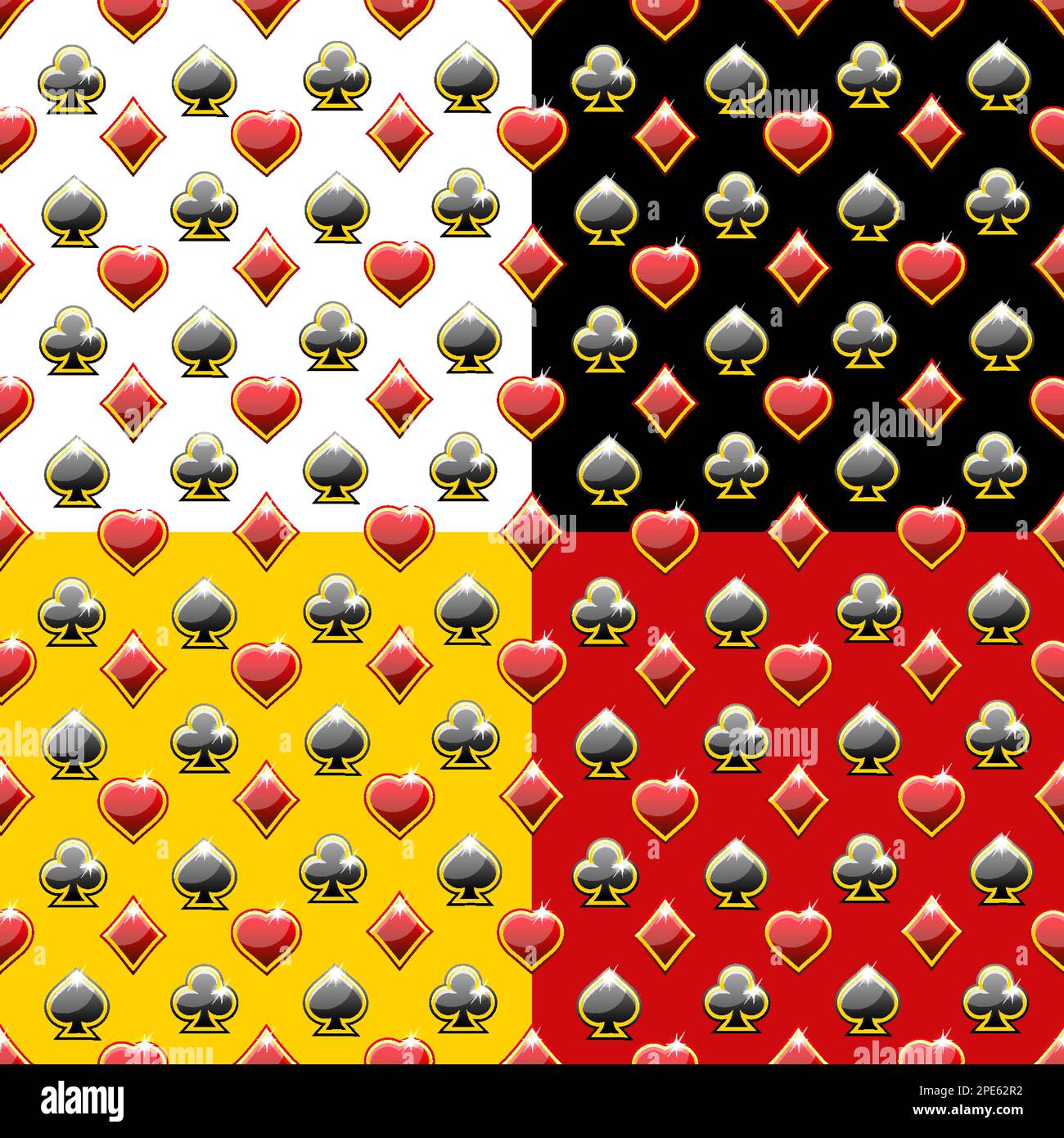 Motifs transparents avec cartes de jeu symboles sur un arrière-plan différent. Cœur, bêche, club et diamant Illustration de Vecteur