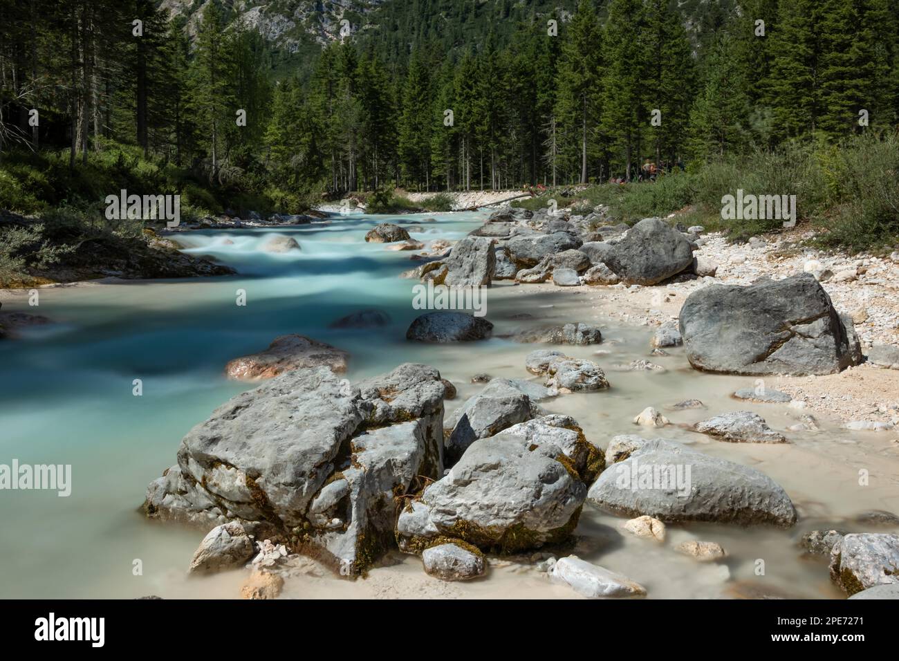 Rivière rapide traversant la vallée dans les Dolomites italiens, Dolomites, Italie, Europe Banque D'Images
