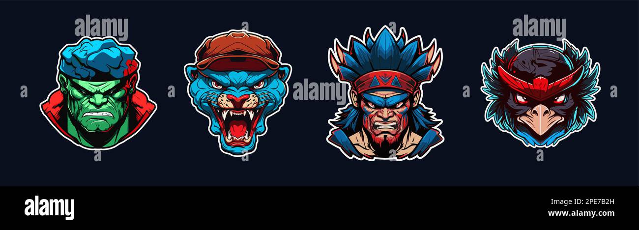 Collection de têtes d'animaux de dessin animé, logo sport rouge et bleu avec contour blanc. Visage en colère de personnages hulk, juguar, guerrier et corbeau. Équipe sportive Illustration de Vecteur