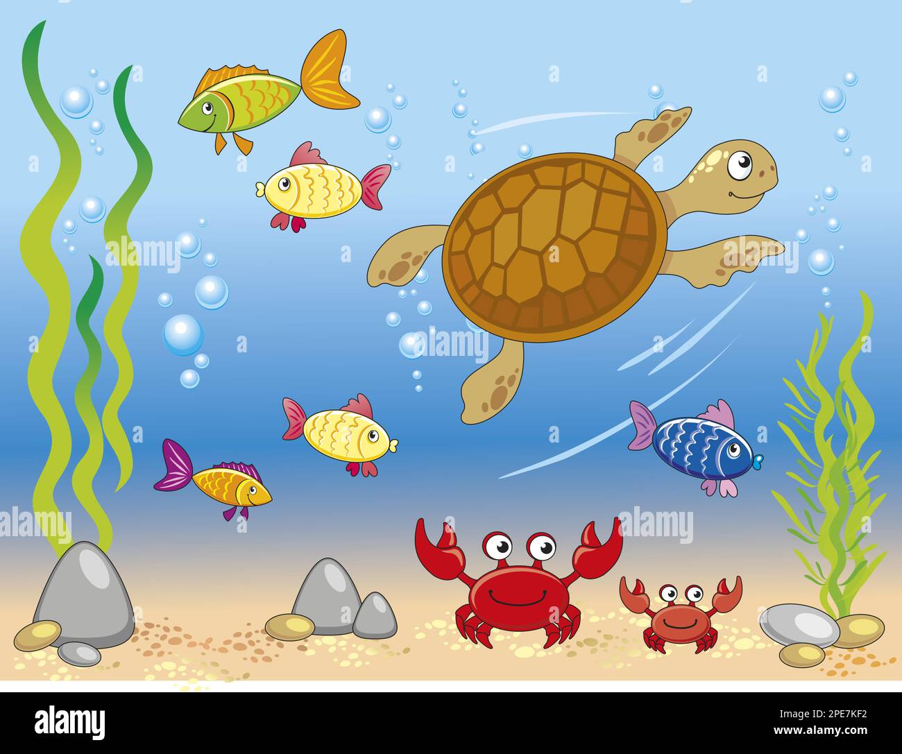 illustration vectorielle du monde sous-marin avec tortue, crabes, poissons, fond sablonneux, rochers, algues, bulles fond bleu. Illustration de Vecteur