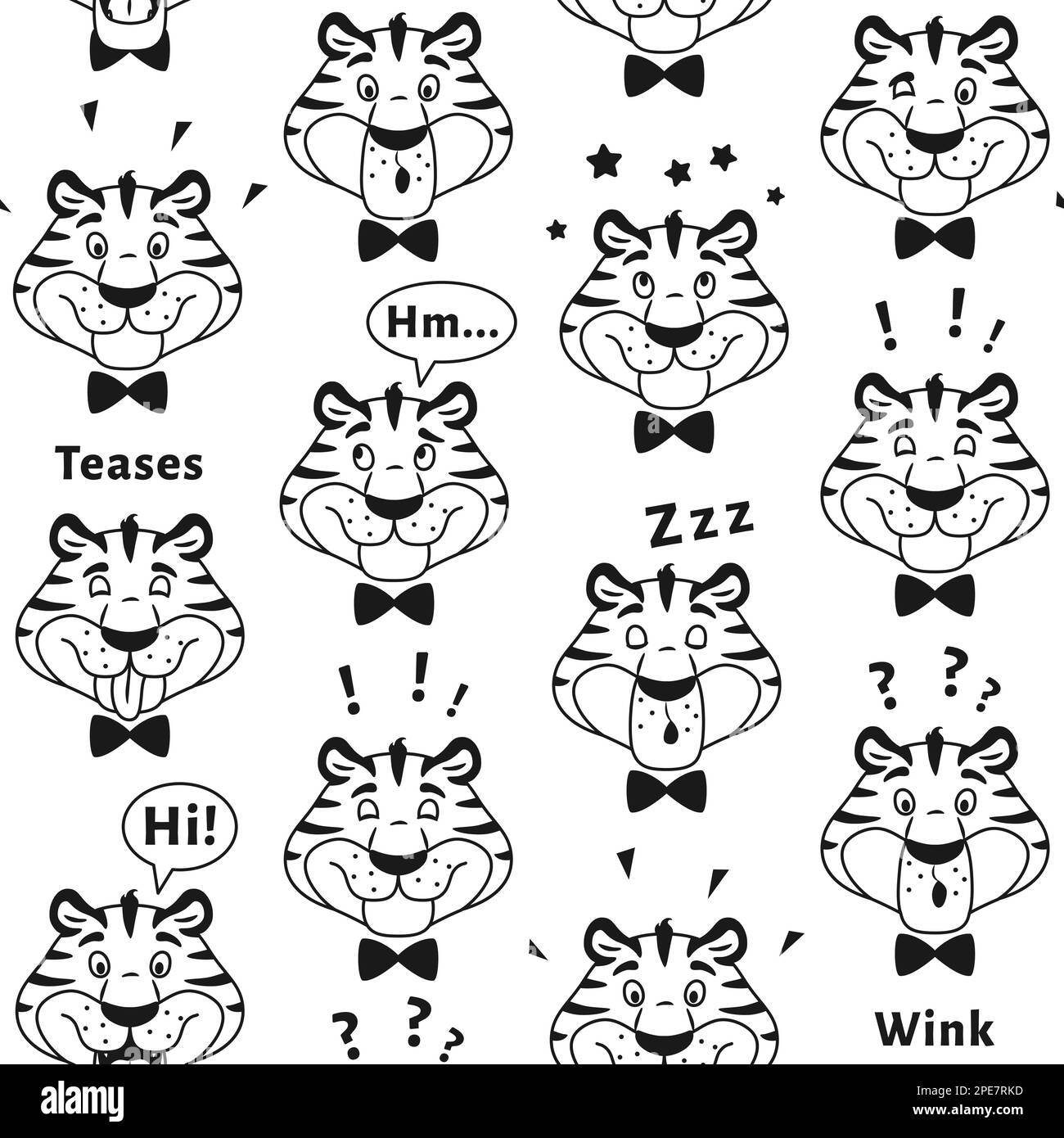 Motif tigre noir et blanc sans couture. Adorable tête de personnage d'animal de dessin animé pour enfants coloriage livre page design. Bac en tissu de couverture en papier d'emballage Illustration de Vecteur