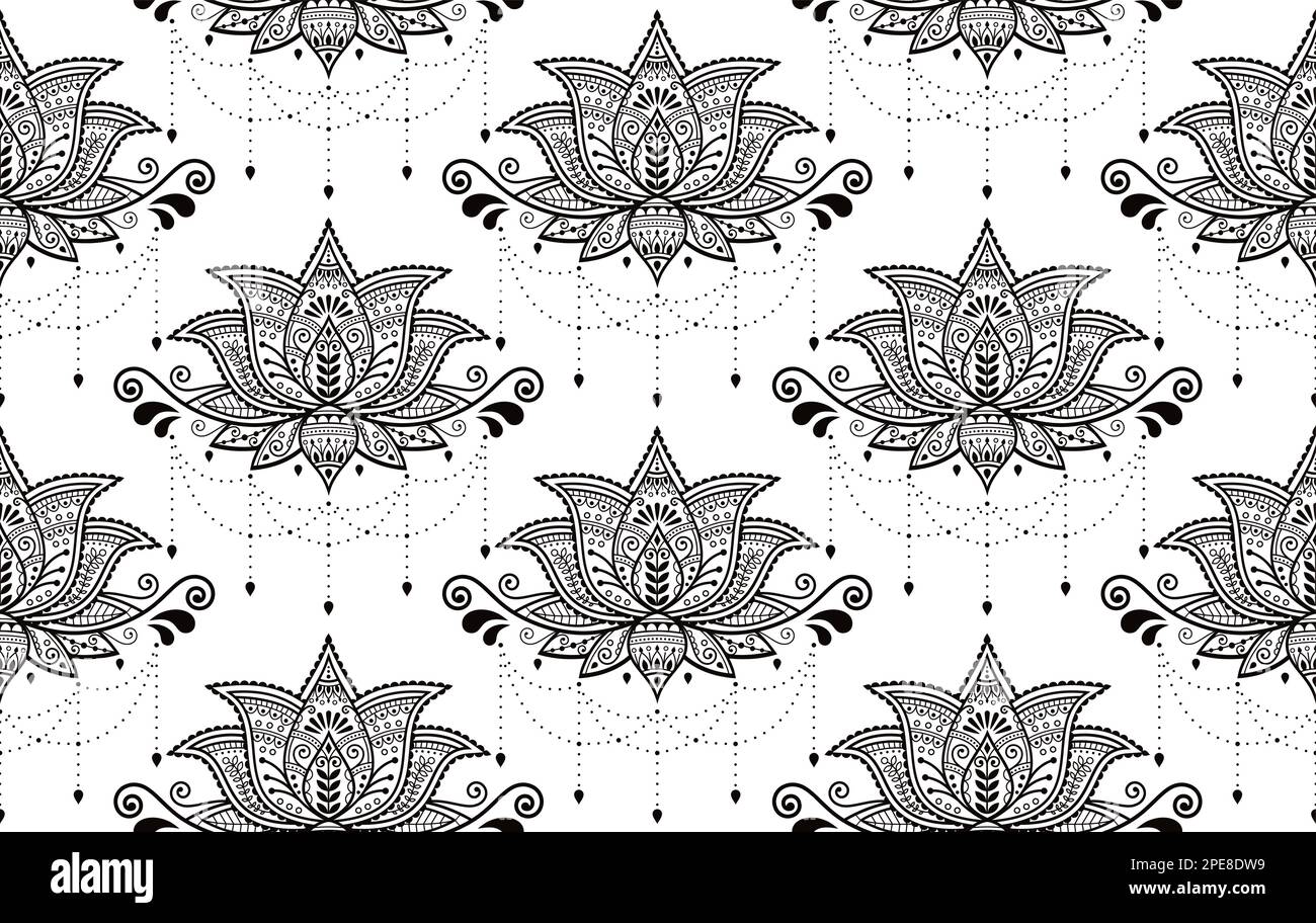 Motif floral indien à motif vectoriel de Lotus, style tatouage au henné Mehndi, décoration yoga ou zen, textile bohème en turquoise sur fond blanc Illustration de Vecteur