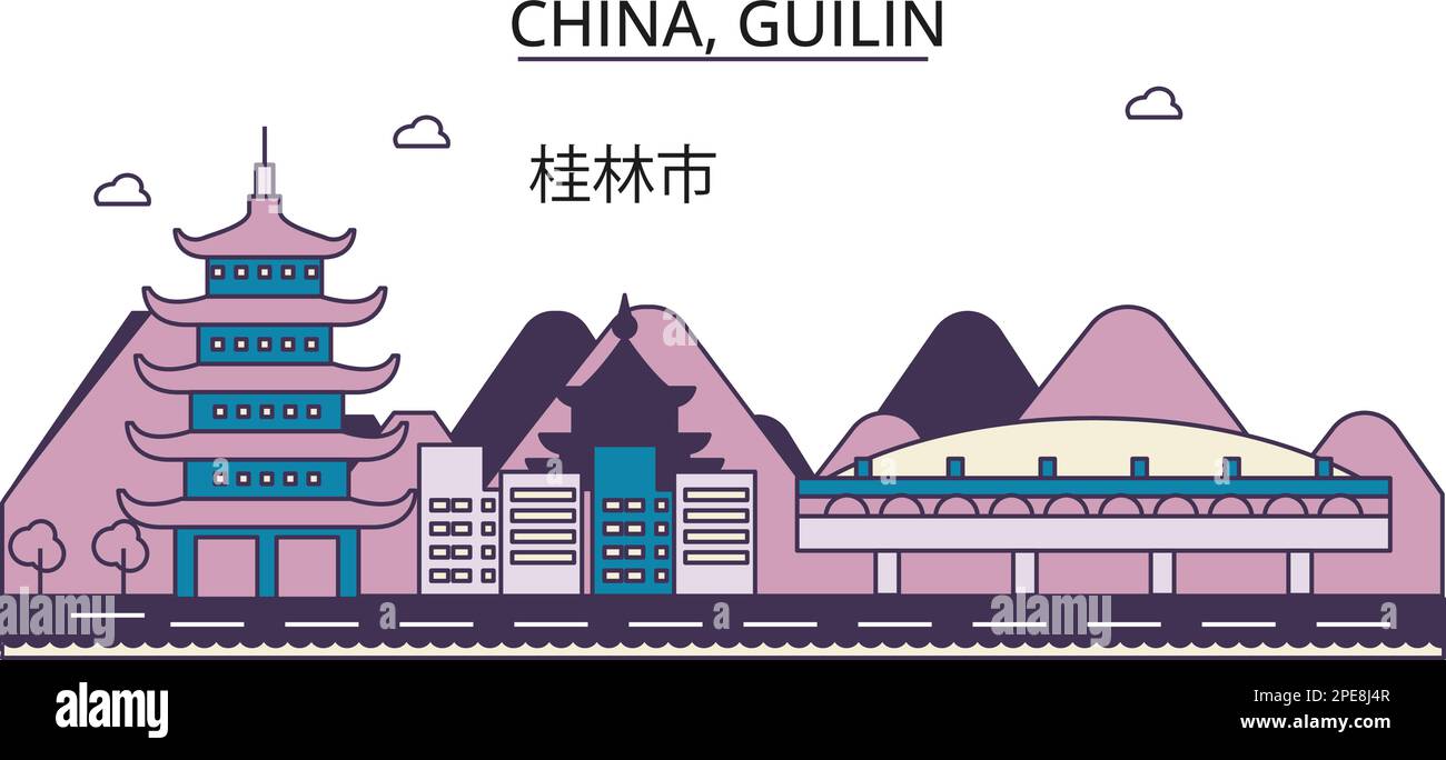 Chine, sites touristiques de Guilin, illustration de voyage de ville vecteur Illustration de Vecteur