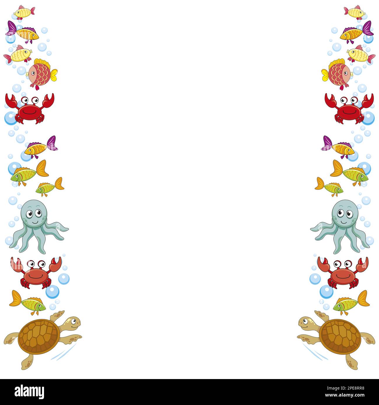 cadre vectoriel avec tortue, crabes, poissons, bulles d'air, vie marine dans l'eau, animal marin, fond blanc. Illustration de Vecteur