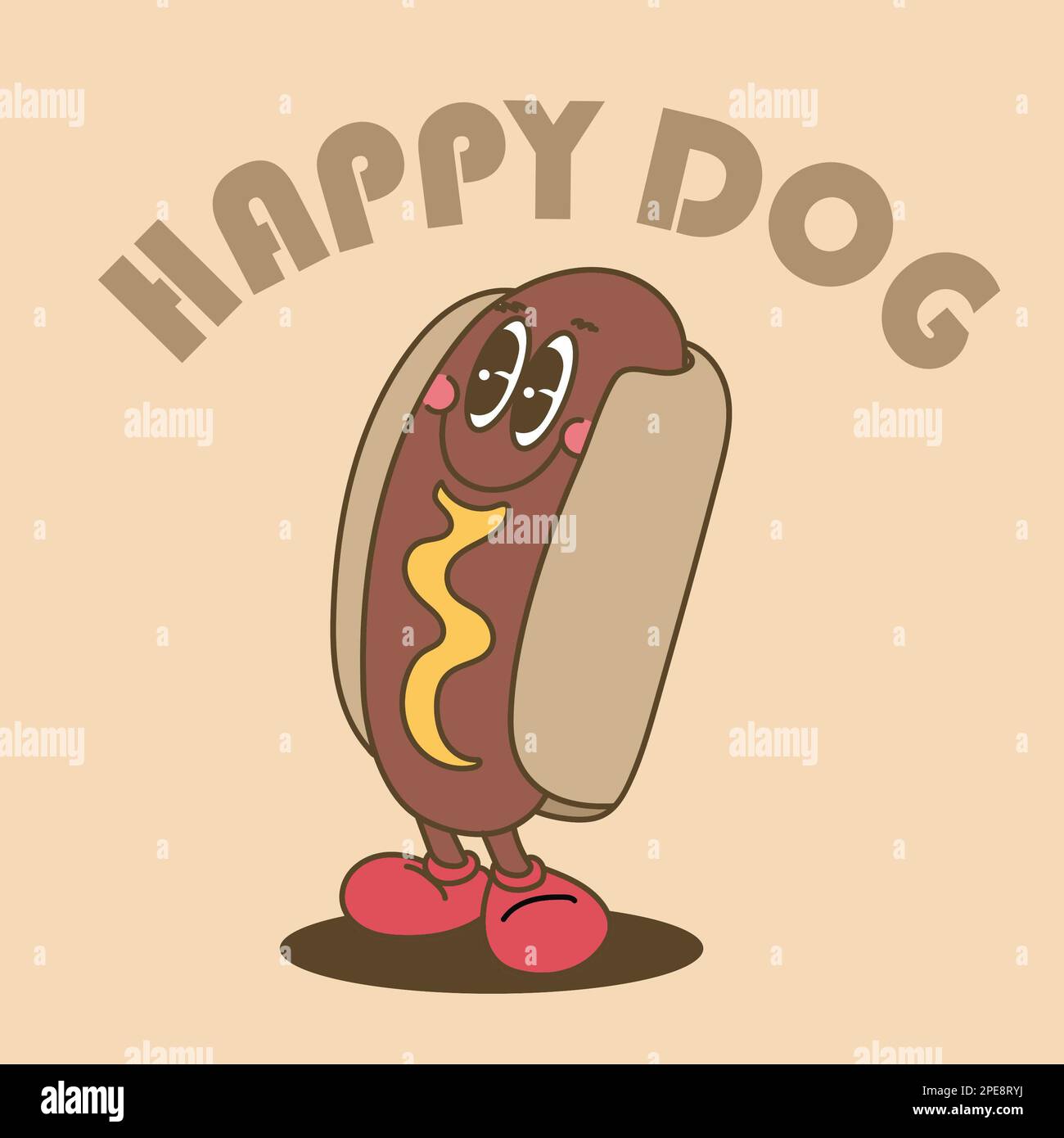 Illustration d'un hot dog souriant dans un petit pain à la moutarde. Restauration rapide. Marche. Banque D'Images