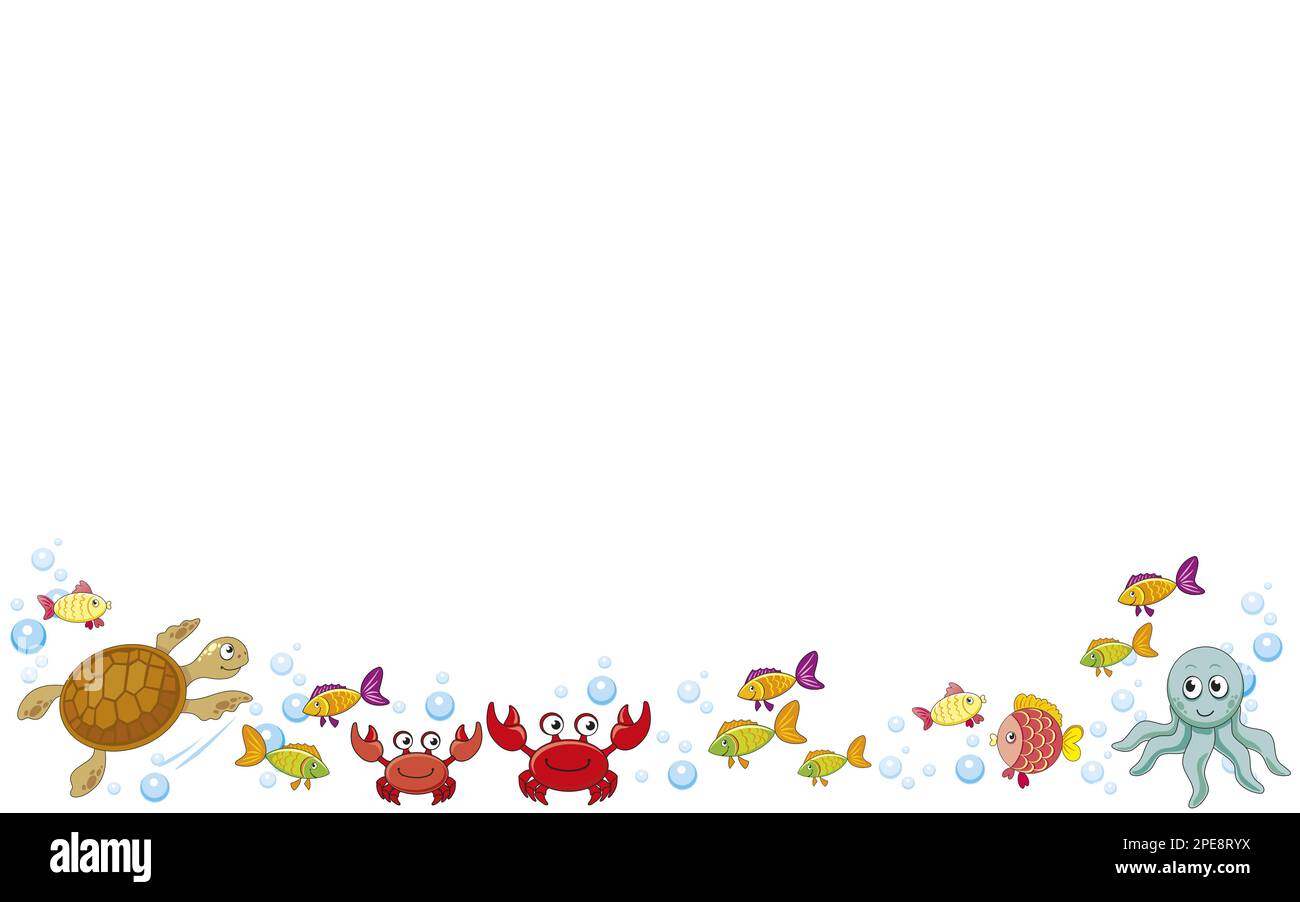 cadre vectoriel avec tortue, crabes, poissons, bulles d'air, vie marine dans l'eau, animal de mer, fond blanc gorizontal. Illustration de Vecteur