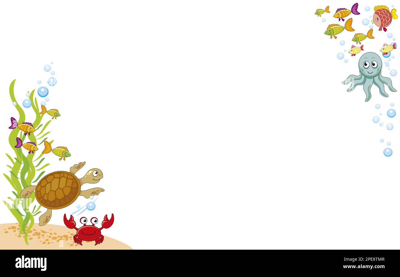 cadre vectoriel avec tortue, crabes, poissons, bulles d'air, vie marine dans l'eau, animal marin, fond blanc. Illustration de Vecteur