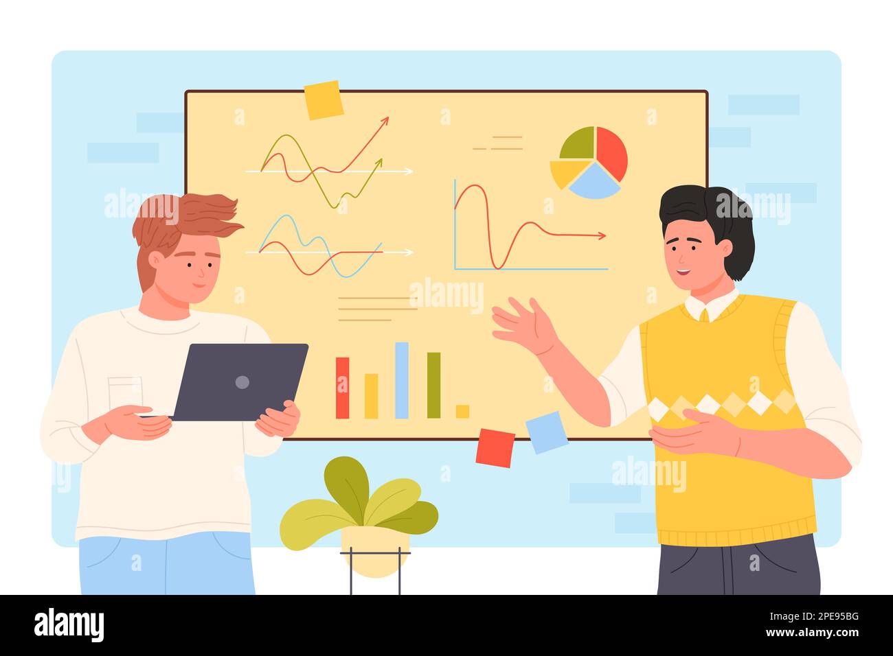 Les employés échangent des idées près du conseil d'administration avec des illustrations vectorielles de graphiques de données financières. Caricature deux personnages masculins analysent des graphiques et des diagrammes de finance infographique, homme tenant un ordinateur portable pour l'analyse Illustration de Vecteur