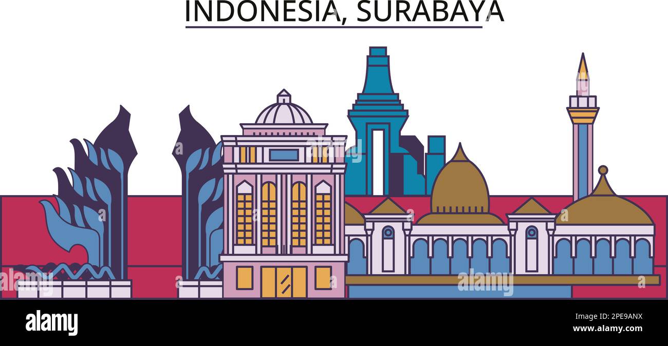 Indonésie, sites touristiques de Surabaya, illustration de voyage de ville vecteur Illustration de Vecteur