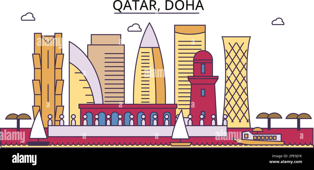 Qatar, monuments touristiques de Doha, illustration de voyage de ville vecteur Illustration de Vecteur
