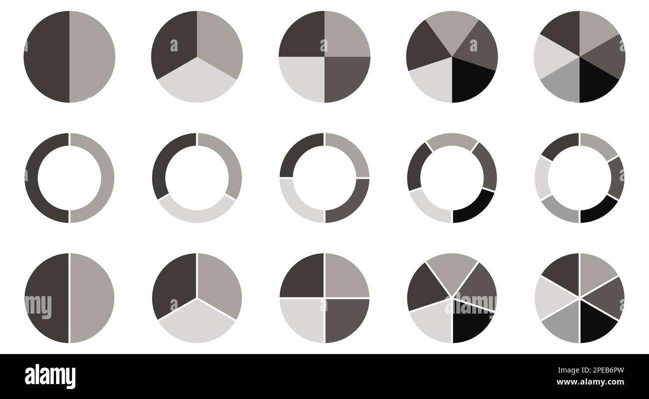Ensemble d'icônes de cercles segmentés. Collection de diagrammes colorés avec 2,3,4,5,6 sections. Conception d'applications Web et mobiles. Illustration de Vecteur