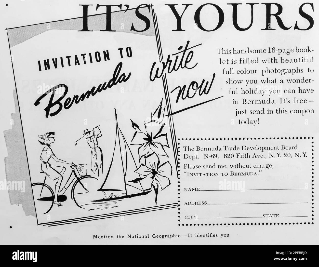 Publicité vacances Bermudes dans un magazine NatGeo septembre 1956 Banque D'Images