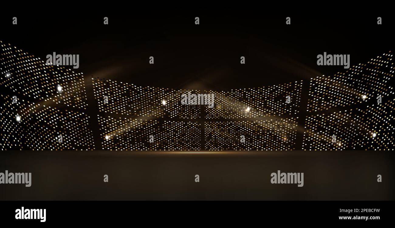 Le stade doré est illuminé de rayons, sur fond sombre. Illustration de Vecteur