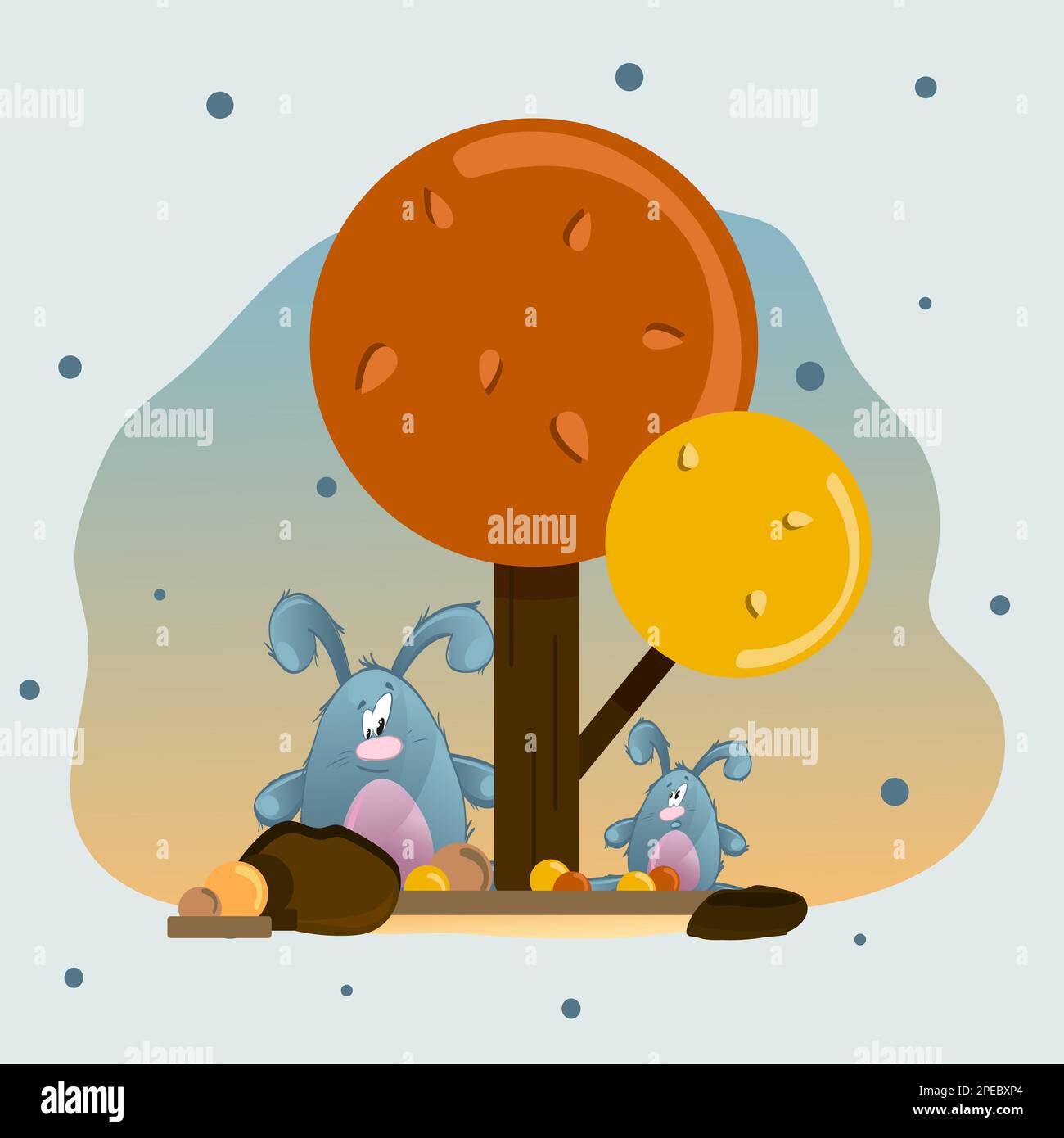 Les lapins gris s'assoient sous un arbre d'automne. Tout autour sont des feuilles stylisées jaune et marron, des fleurs, de l'herbe et des rochers sur un fond jaune-bleu. Illustration de Vecteur