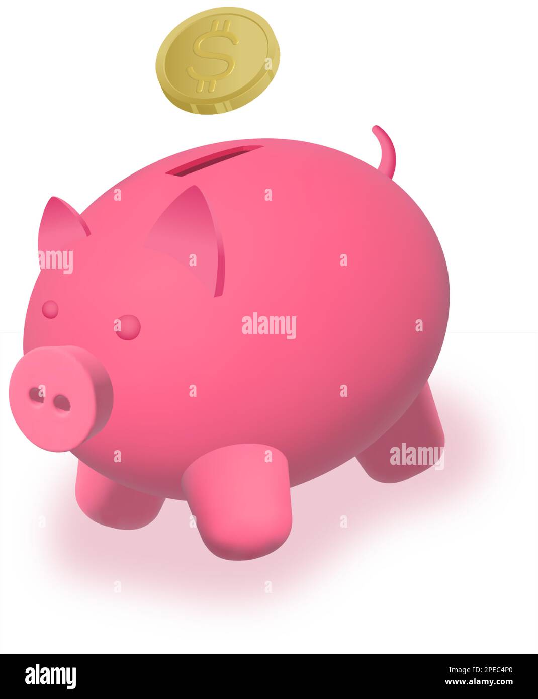 Image de la banque de porc Vector 3D avec un dollar d'or. Joli rose argent économies de piggybank rendu avec pièce et ombre molle isolé Illustration de Vecteur