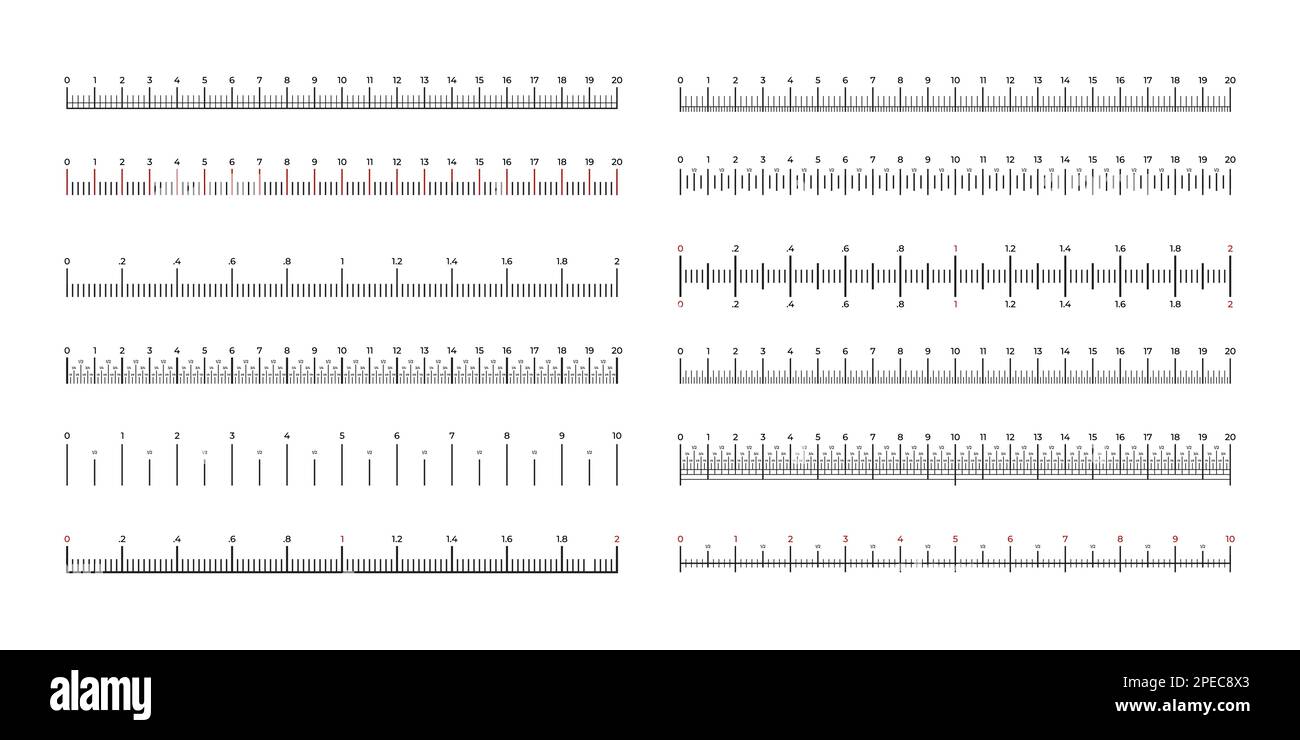 Repères de règle définis. Balances de mesure simples avec repères système métriques et impériales, équipement de mesure marqué en centimètres pouces. Collection de vecteurs. Illustration de Vecteur
