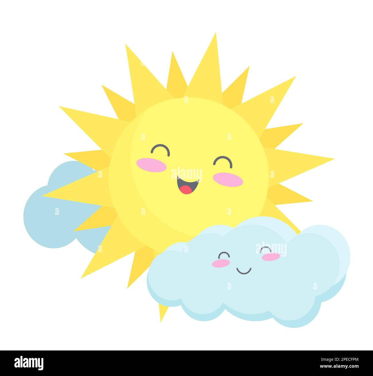 Soleil et nuage mignons. Beau temps froid souriant, illustration de dessin animé vecteur d'expression d'émotion heureuse Illustration de Vecteur