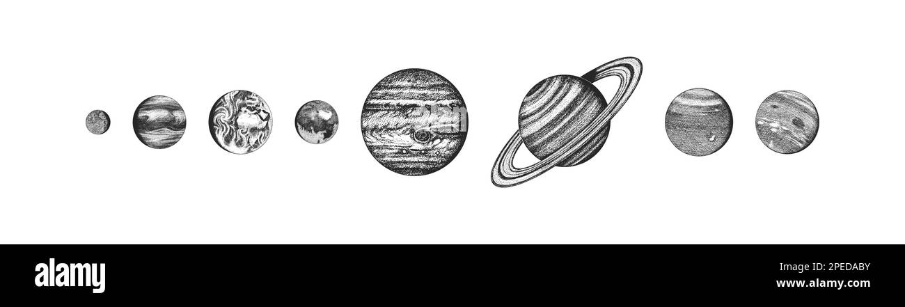 Planètes dans le système solaire. La lune et le soleil, le mercure et la terre, mars et vénus, jupiter ou saturne et pluton. espace astronomique de la galaxie. main gravée Illustration de Vecteur