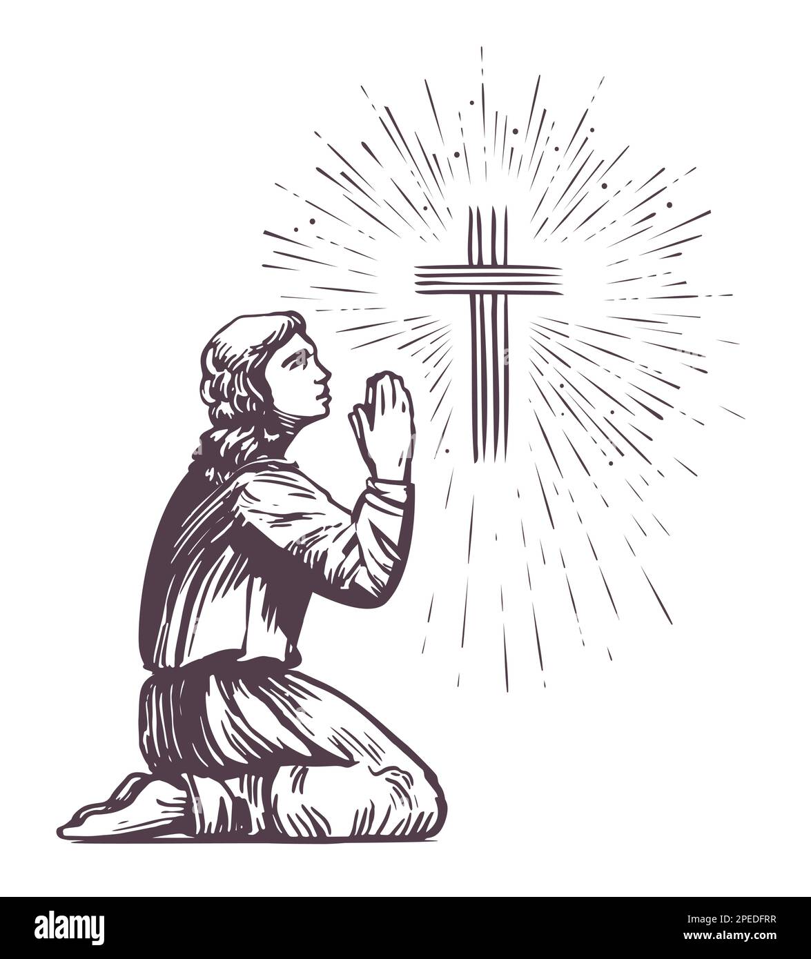 Prie debout sur son genou. Louange de Dieu. croix brillante, symbole de foi, culte. Esquisse d'illustration vectorielle Illustration de Vecteur