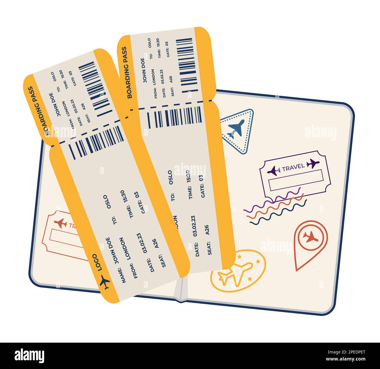 Passeport ouvert avec timbres et billets. Voyage, Immigration concept Flat style Vector Illustration Illustration de Vecteur