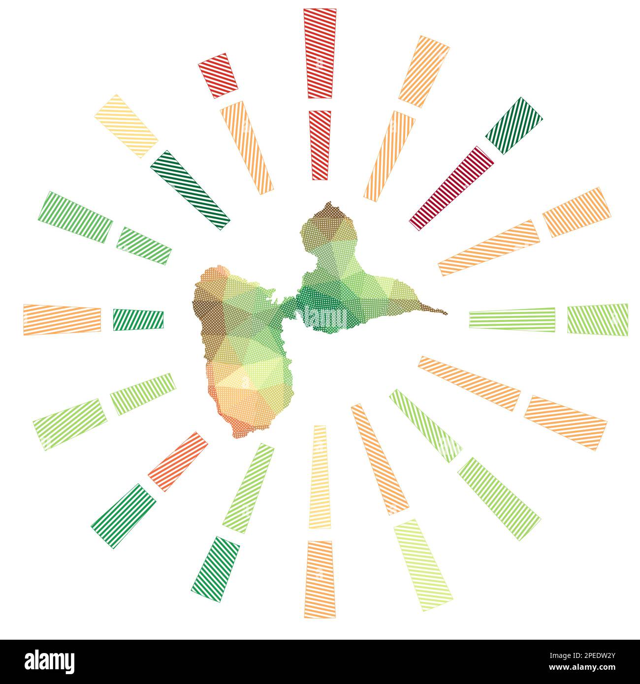 Grande-Terre Sunburst. Faible rayure de polyrayons et carte de l'île. Illustration vectorielle incroyable. Illustration de Vecteur