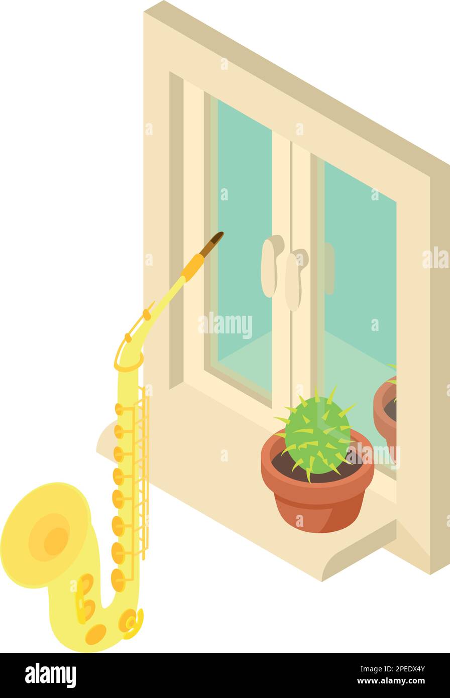 Icône saxophone vecteur isométrique. Instrument de musique à vent près de la fenêtre avec fleur. Concept de musique Illustration de Vecteur