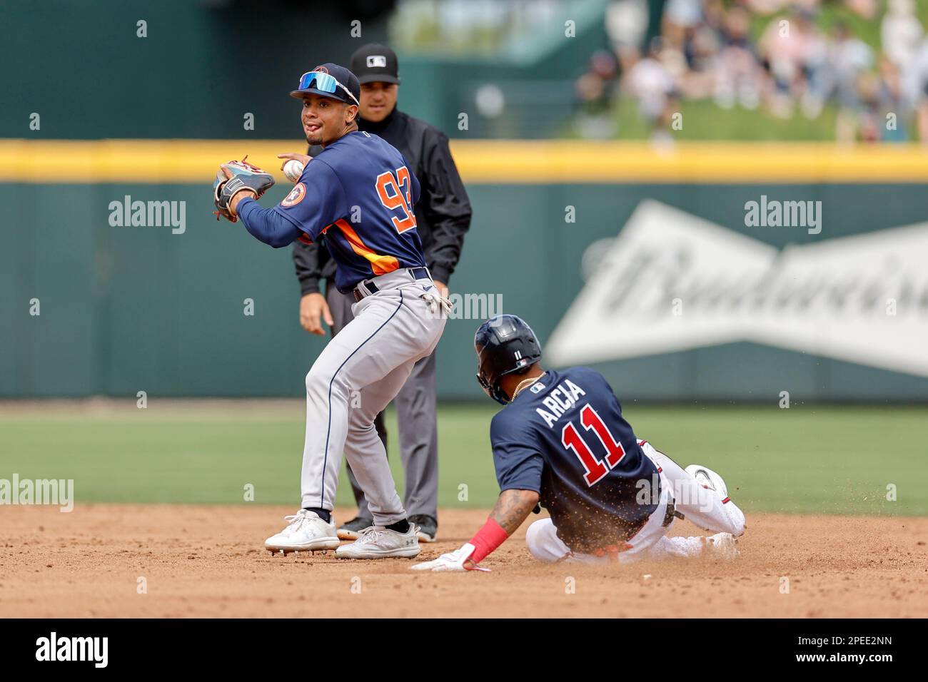 15 mars 2023, nord de Port FL États-Unis; Houston Astros centerfielder Kennedy Corona (93) tourne un double jeu obtenant Atlanta Braves deuxième baseman Orla Banque D'Images