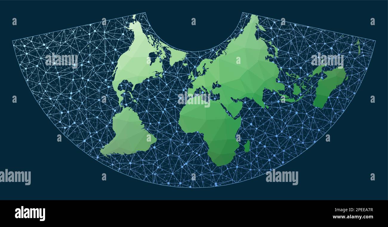 Internet et globe connecté mondial. Projection conique de surface égale. Carte du monde low poly verte avec fond de réseau. Illustration de Vecteur