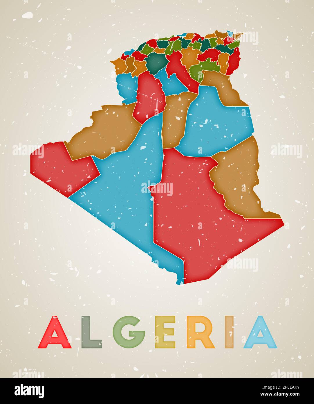 Carte de l'Algérie. Affiche pays avec régions de couleur. Ancienne texture de grunge. Illustration vectorielle de l'Algérie avec nom de pays. Illustration de Vecteur