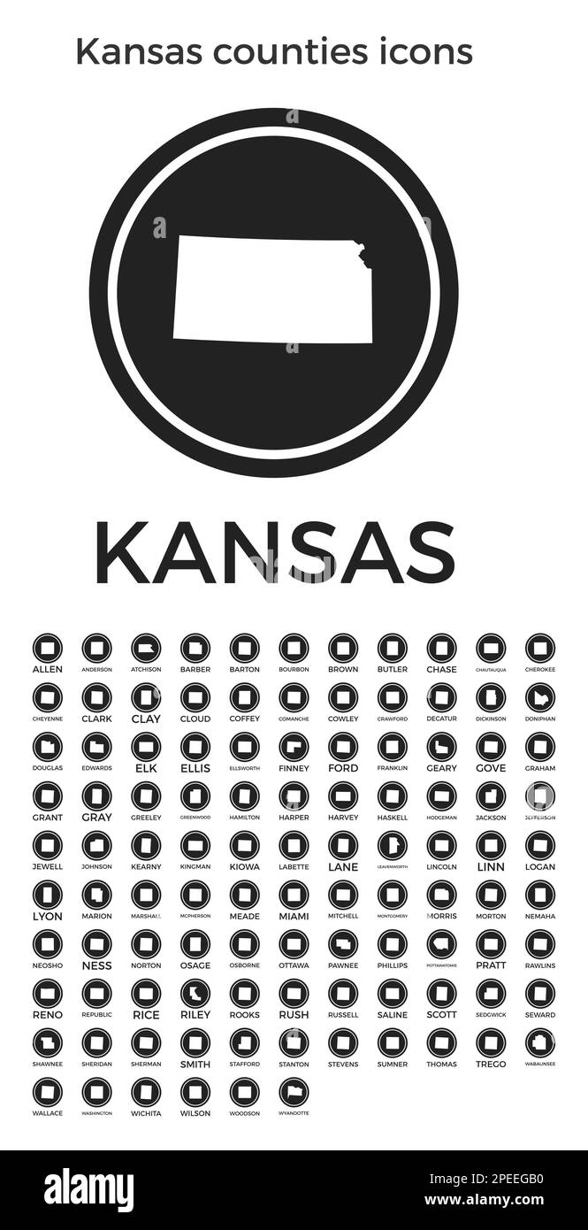 Icônes des comtés du Kansas. Logos ronds noirs avec les cartes et titres des comtés de l'État. Illustration vectorielle. Illustration de Vecteur