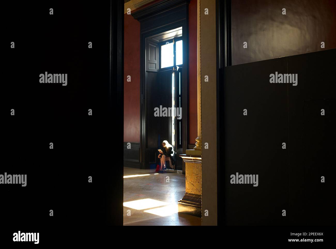 Photographie couleur d'une femme lisant dans une salle du musée du Louvre, Paris, France, Europe, 2022. Banque D'Images