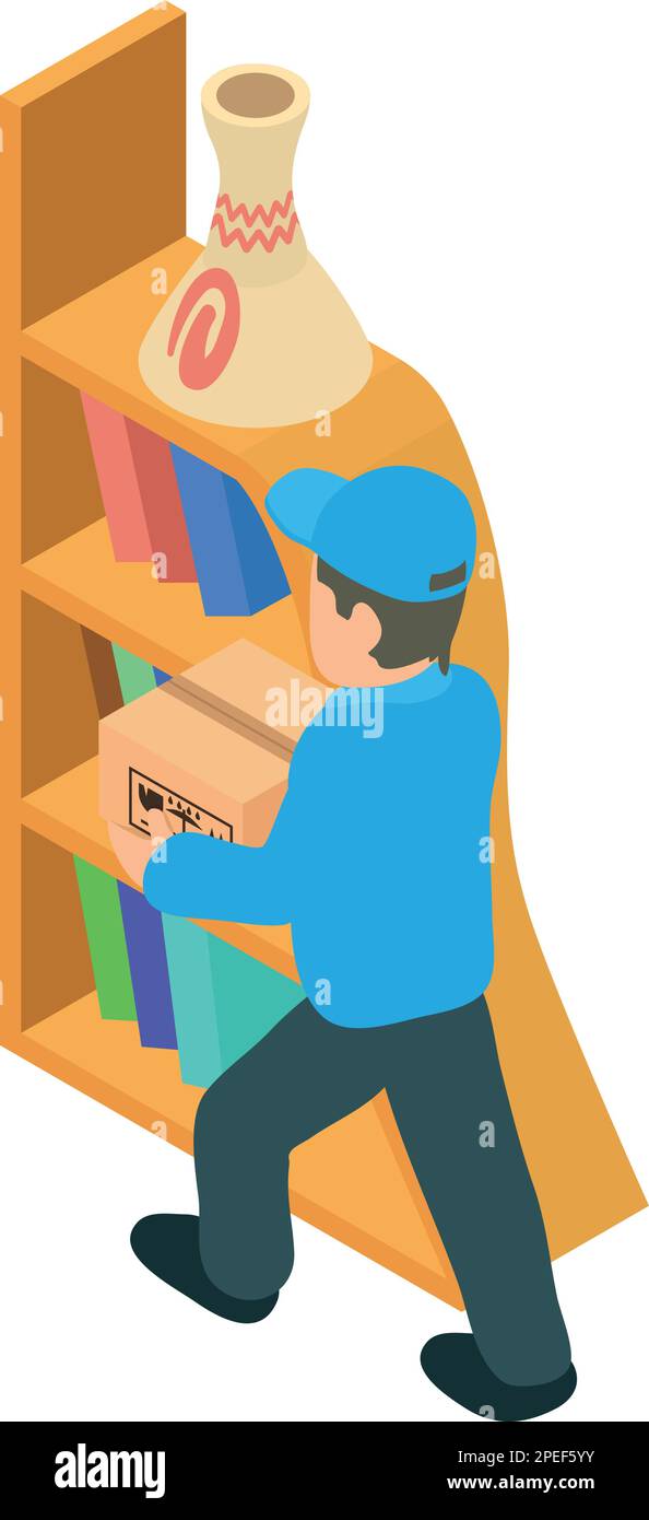 Icône de meuble de livraison vecteur isométrique. Employé du service de livraison et bibliothèque. Mobilier neuf, intérieur moderne Illustration de Vecteur