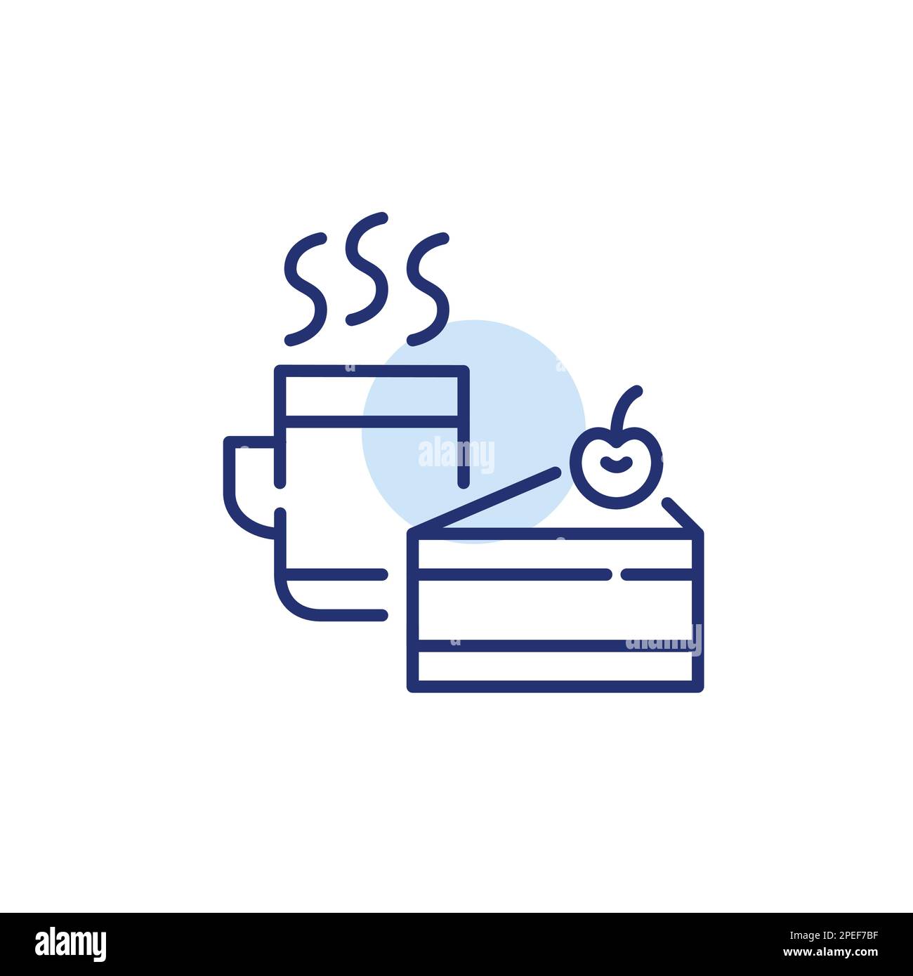 Café chaud dans une tasse et une tranche de gâteau de cerise. Un café vous propose un délicieux cadeau. Icône de ligne de contour pixel Perfect, modifiable Illustration de Vecteur