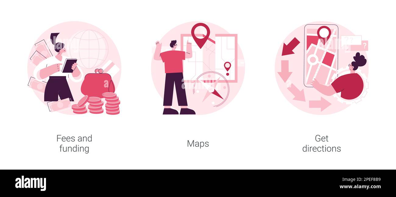 Jeu d'illustrations vectorielles de concept abstrait d'informations de page d'entreprise. Frais et financement, cartes, obtenir des itinéraires, coût du service, frais d'abonnement, navigation en ligne, contactez-nous page résumé métaphore. Illustration de Vecteur