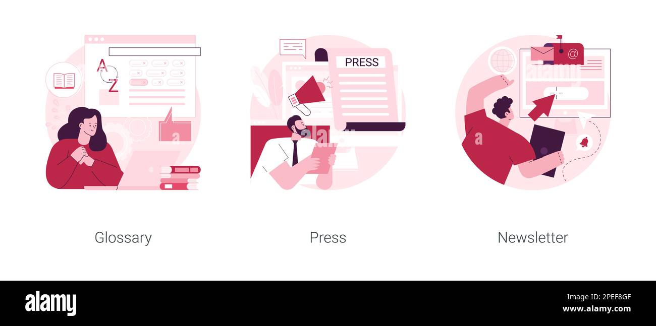 Ensemble d'illustrations vectorielles de concept abstrait d'interface de page Web d'entreprise. Glossaire, presse à propos de nous, articles et publications, abonnement à la newsletter, nouvelles d'entreprise, métaphore du résumé de la page d'arrivée. Illustration de Vecteur