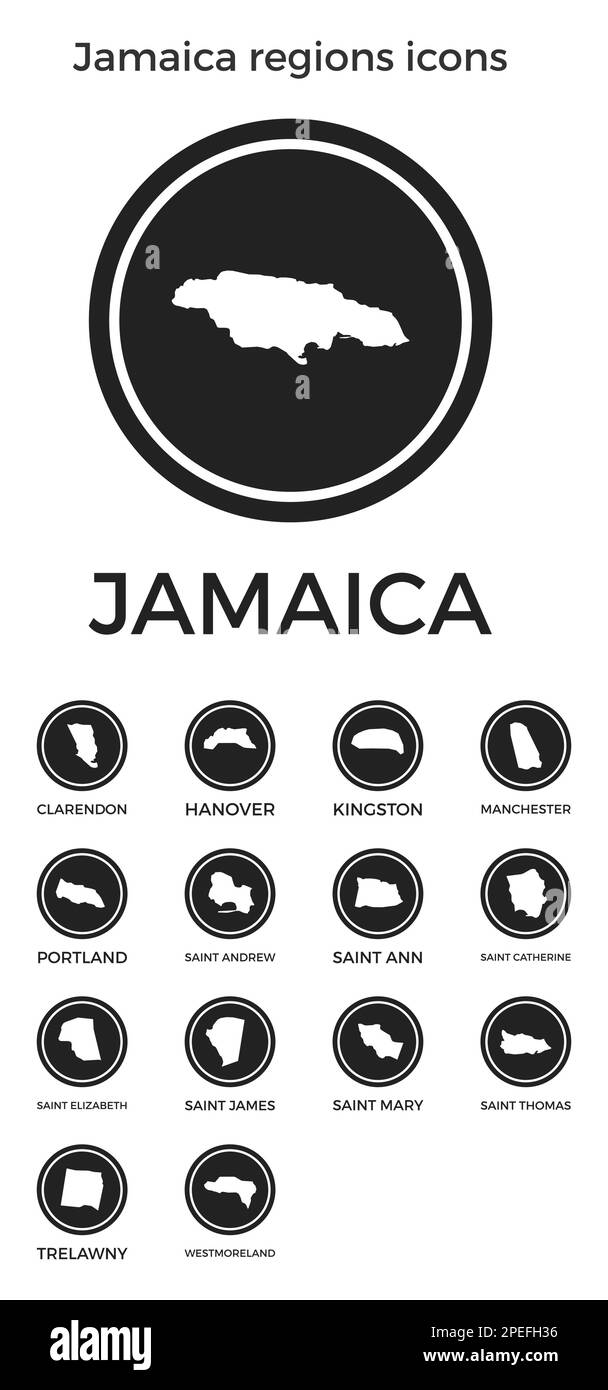Icônes des régions de la Jamaïque. Logos ronds noirs avec cartes et