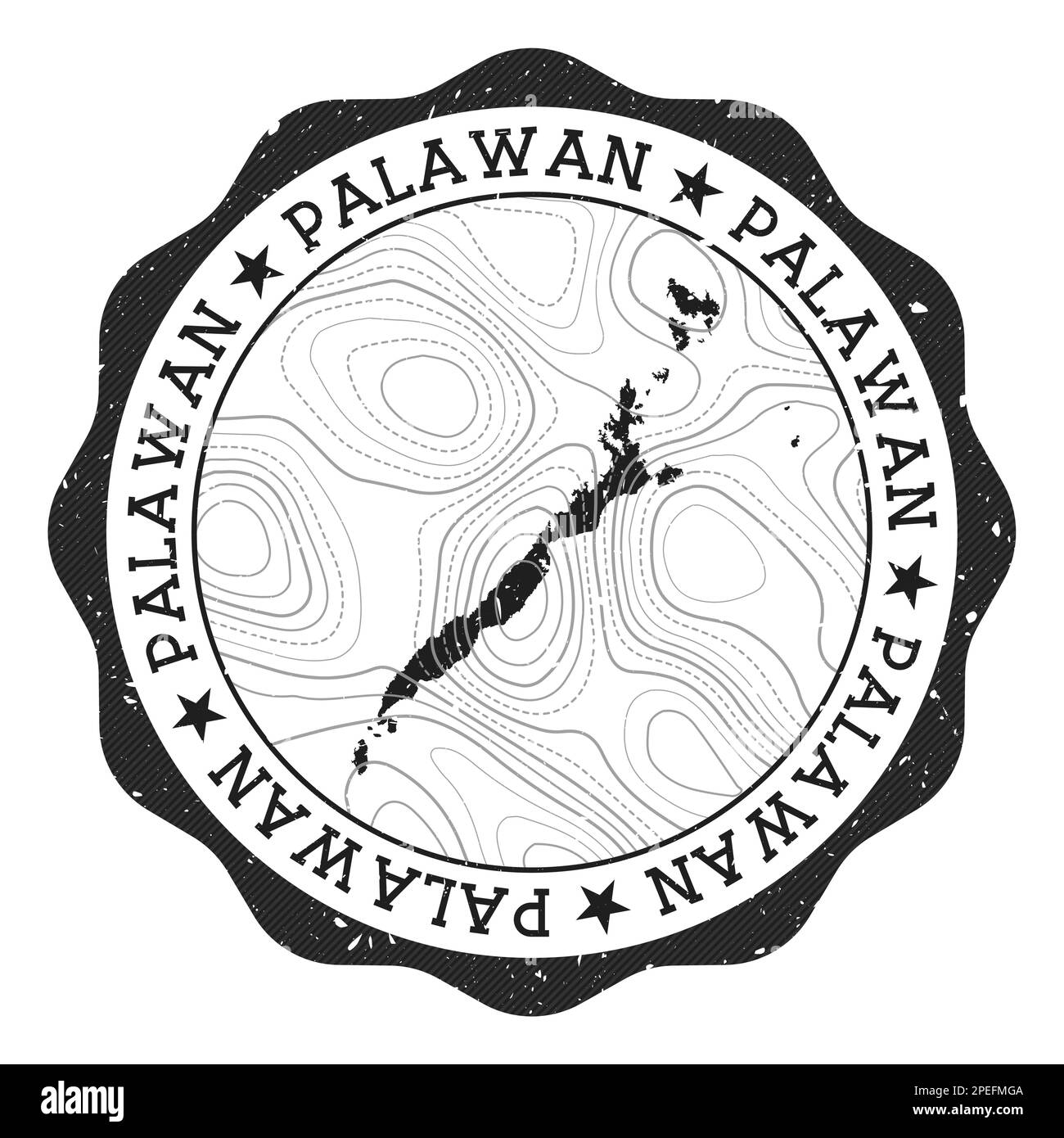 Timbre extérieur Palawan. Autocollant rond avec carte de l'île avec isolignes topographiques. Illustration vectorielle. Peut être utilisé comme insigne, logotype, étiquette, cist Illustration de Vecteur