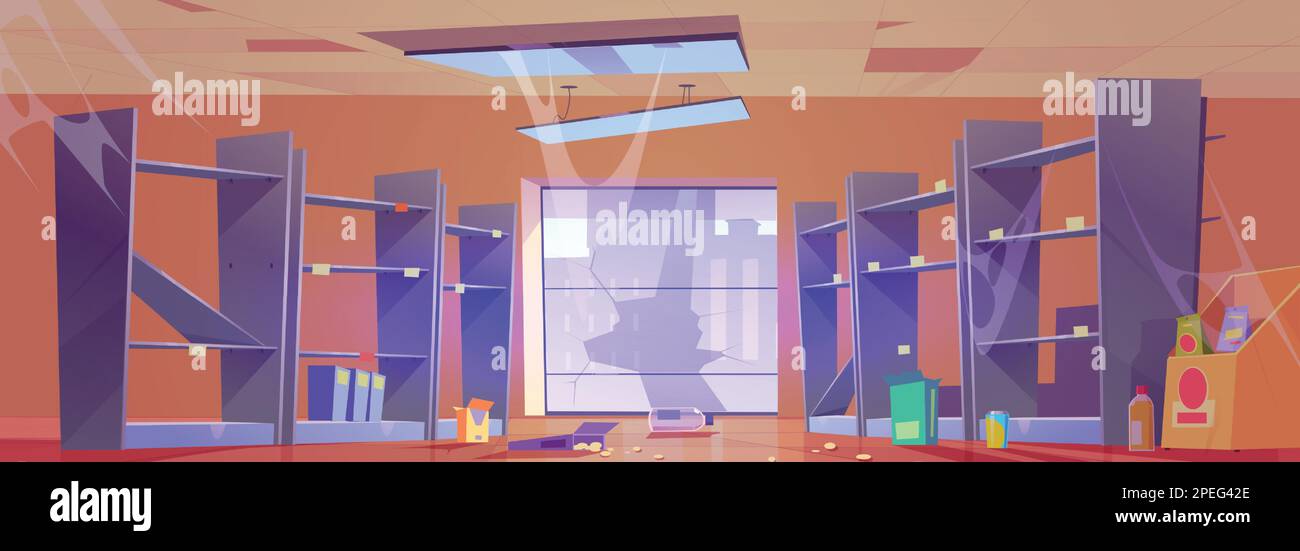Détruit un supermarché vide avec une fenêtre cassée. Illustration vectorielle des étagères de produits pillés, des boîtes et des emballages alimentaires endommagés, des bouteilles au sol, des lampes au plafond, de la toile d'araignée sur les murs. Apocalypse de la guerre Illustration de Vecteur