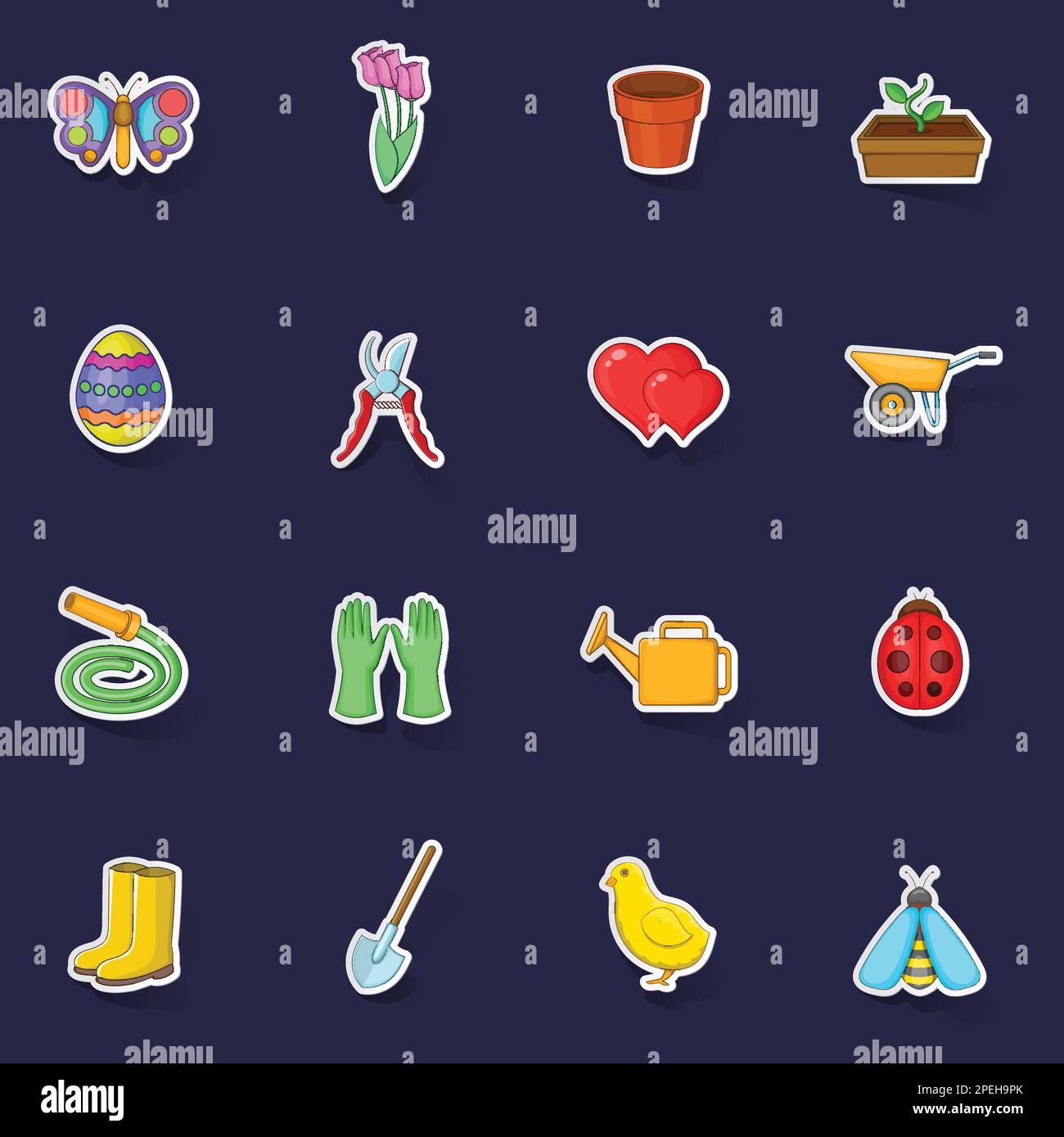 Les icônes Spring définissent le vecteur de collection stikers avec des ombres sur fond violet Illustration de Vecteur